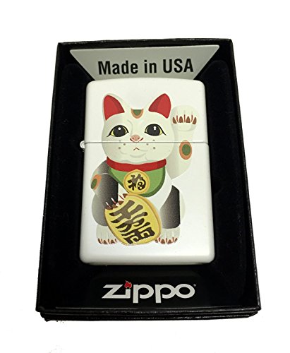 Zippo Custom Lighter - Lucky Japanese Maneki Neko Beckoning Cat - Regular White Matte