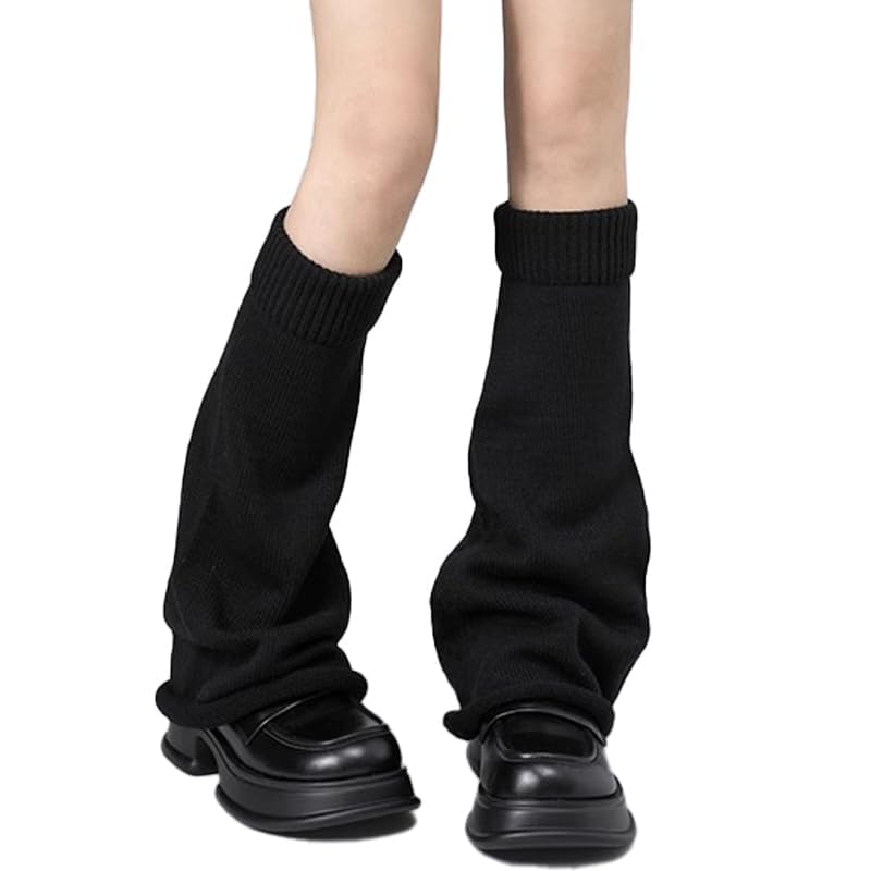 heyheyshine Y2k Star Skull Print Two Side Wear Knitted Leg Warmers Socks Punk Girls Japanese Kawaii Streetwear Leg Cover (Black Flared, One Size)