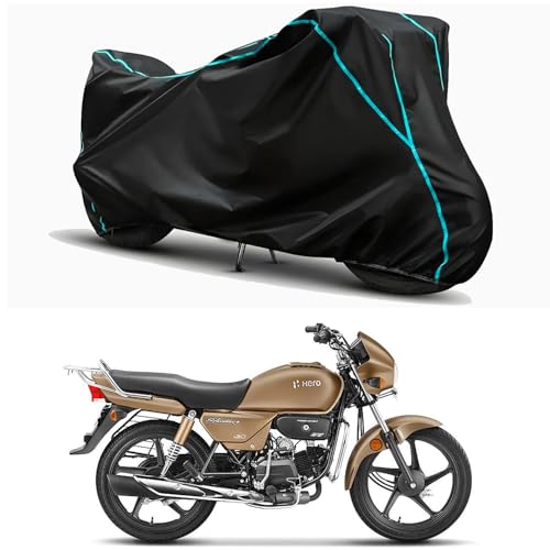 Image of Waterproof Bike Body Cover Compatible for | Hero Splendor Plus | Taffeta Fabric, Sky Piping Design, Bottom Elastic Fit | Dustproof, Sun UV & Rain Protection for All Weather.