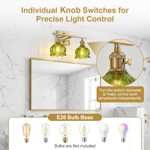 Image of 3-Light Vintage Bathroom Vanity Light, 19.4 inch Brass Hardwired Wall Sconce with Amber Tulip Glass Shades, Brushed Gold Vanity Light for Mirror, Restroom, Bedroom (Green, 2-Light)