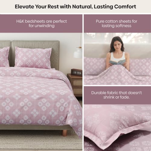 Image of Haus & Kinder King Size Bedsheet for Double Bed with 2 Pillow Covers 108 Inch x 108 Inch| Premium Soft & Silky Pure Cotton 300 TC Flat King Bedsheet | Opal Harmony Warm Grey