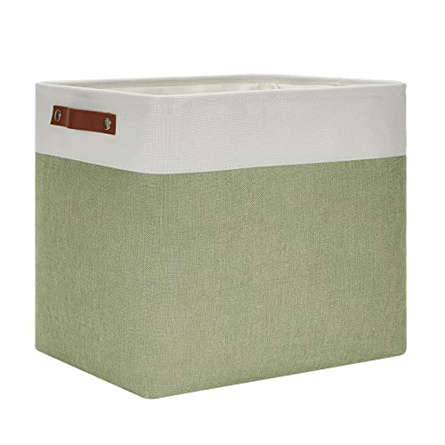 Image of DULLEMELO Large Storage Basket 17 inchx12 inchx15 inch, Fabric Storage Organizer Basket for Storage Clothes, Large Fabric Bin for Organizing Book, Storage Bin with Handles for Storage Toy (White&Green)
