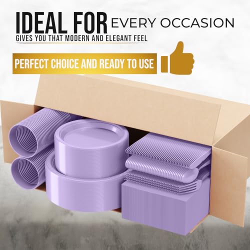 Image of Exquisite 350 Pcs Lavender Plates and Napkins Party Supplies Plate Sets | Sturdy Plastic Dinnerware Set With 9 inch & 7 inch Plates, 12 Oz Cups, Lunch Napkins and Cutlery Serves 50 for Birthdays & Everyday