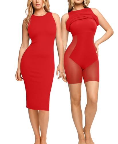 Image of Popilush Women's Bodycon Ruched Shapewear Sleeveless Midi Dresses