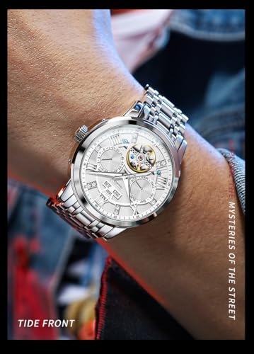 Image of OLEVS Mens Automatic Mechanical Watch Skeleton Tourbillon Luxury Dress Stainless Steel Wrist Watch