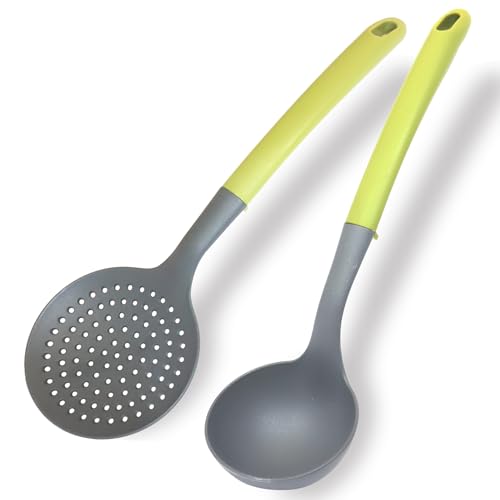 Fackelmann Set Mestoli da cucina 2 pezzi, mestolo e schiumarola, materiale in nylon, mestoli da cucina lavabili in lavastoviglie, utensili resistenti al calore, Linea Oliva