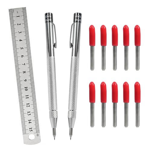 2 Bolígrafos Carburo Tungsteno con Punta Metálica, 10 Puntas de Repuesto y Regla de Acero de 15 cm, Marcador Metal Duro, Herramienta para Marcar y Grabar Metal, Vidrio, Cerámica y Azulejos