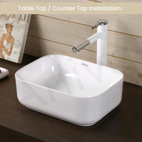 Image of Artiva White Tabletop Wash Basin For Bathroom (12x16 Inch) | Medium Ceramic Wash Basin Bathroom | Rectangle Shape