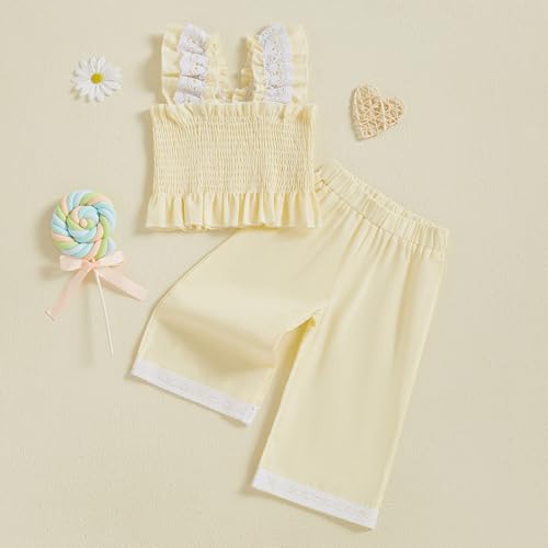 Emmababy Toddler Linen Outfit Girl Camisole Smocked Top and Linen Pants Baby Bell Bottoms Wide Leg Set Kids Beach Clothes2