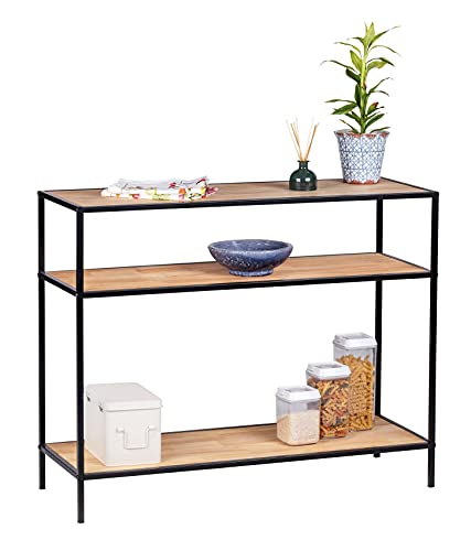 WENKO Konsolentisch Geo, Loft-Design, Konsolenregal mit 3 Ablageflächen, Holztisch aus natürlichem Kiefernholz mit Metallrahmen, Wandschreibtisch im Industrial-Stil, 100 x 80 x 35 cm, Schwarz/Braun