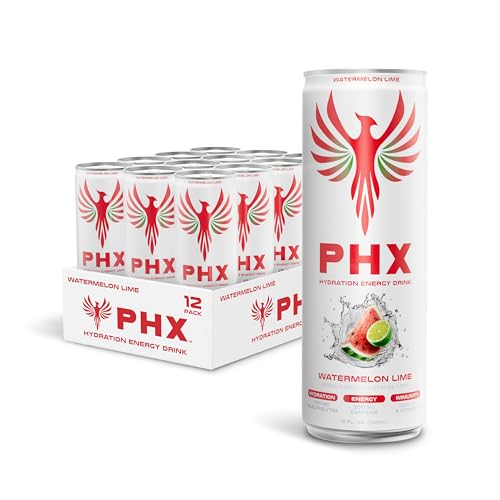 Image of PHX Hydration Energy Drink - 700mg Electrolytes, 200mg Natural Green Tea Caffeine, 100% Daily Value 8 Essential Vitamins - 12 oz Cans (12 Pack, Watermelon Lime)