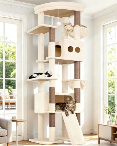 Image of Globlazer Extra Tall Large Cat Tree, 84in Multi-Level Cat Climbing Tower for Indoor Cats Large Adult, Widened Condo with Scratch Board, 7 Scratching Posts, Padded Perch, Metal Basket, S84E, Beige
