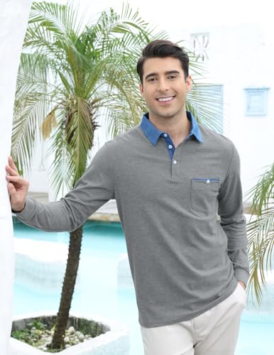 LIUPMWE Men's Shirt Long Sleeve Polo Shirt for Men Basic Slim Fit Long Sleeve Polo Men's Shirts with Pocket Golf Shirts4