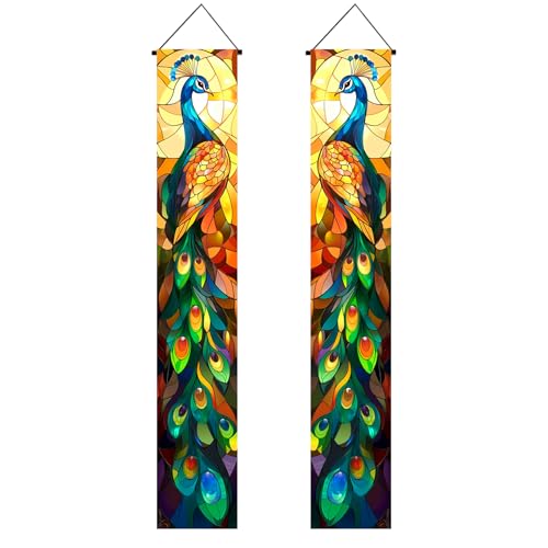 Image of BlissYard 2pcs Peacock Decorations Door Banner Stained Glass Peacock Porch Banners Hanging Sign Banner Seasonal Decor for Porch Patio Garden Outdoor Indoor Elegant Home Decoration Supplies