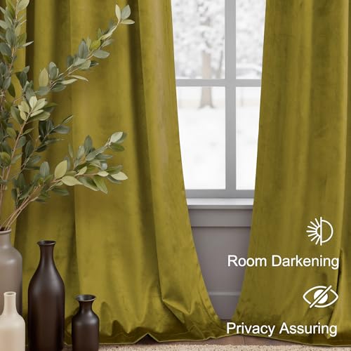 Image of Chartreuse Green Velvet Curtains 108 Inch Long 2 Panels Set Light Blocking Thermal Insulated Super Soft Mid Century Modern Olive Green Velvet Drapes Blackout for Living Room Bedroom Patio Sliding Door
