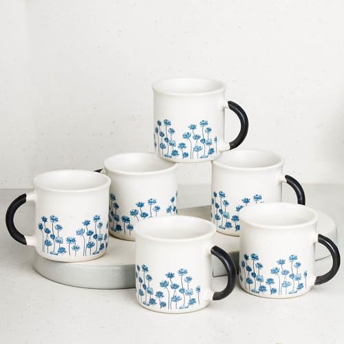 Image of The Earth Store Blue Flower Tea Cup Set of 6, 150 ML Each, Microwave and Dishwasher Safe Coffee Cups | Cup Set for Tea | Tea /chai Cups for Gifting, Home & Office Use, Every Occasion