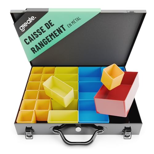 greate Boîte de Rangement visserie métal avec 23 bacs Amovibles - Valise Vide pour Petites pièces - Mallette de tri métallique comme Boîte à vis - boite Rangement...