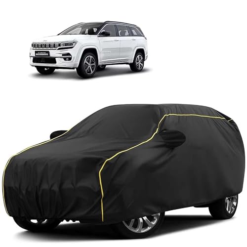 Image of Sulfar 100% Water Resistant Car Body Cover Compatible with Mirror for Jeep Meridian (Triple Stitched, Full Bottom Elastic, Black Tafetta with Yellow Piping)