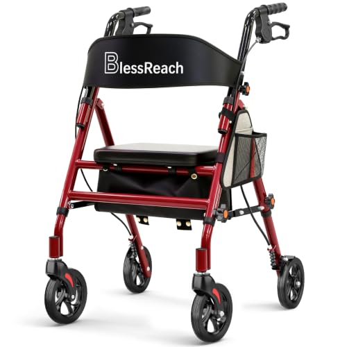 BlessReach Lightweight Foldable Rollator Walker with Seat for Seniors, Red