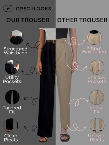 Image of GRECIILOOKS Trousers for Woman | Womens High Rise High Waist Flared Korean Style | Formal Pant for Women Office Wear| Track Pants for Womans Elegant for College & Events (Available in Plus Size)