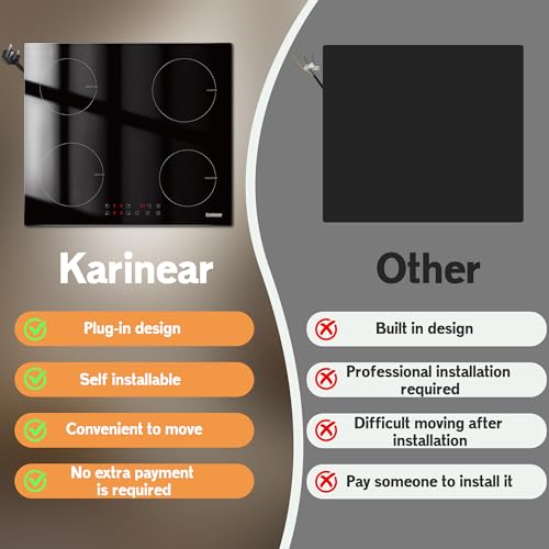 Karinear Plug in Induction Hob, 4 Zones Electric Hob 60cm, with Touch Control 9 Power Level & Child Safety Lock, Timer, Black Crystal Glass - Image 8