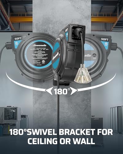 Image of DEWENWILS Extension Cord Reel with Twist-lock Stopper, Brighter Triple Tap Outlet Heavy Duty Power Retractable Cord Reel, 180 Swivel Bracket for Ceiling or Wall Mount, ETL Listed, Black