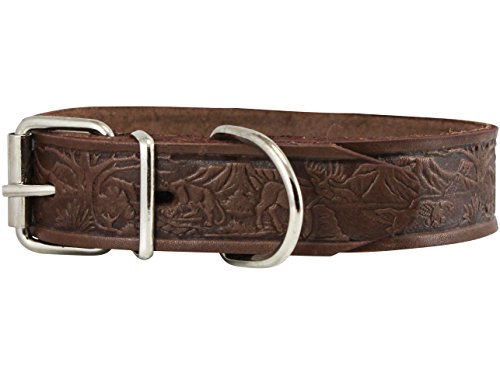 Genuine Tooled Leather Dog Collar Hunting Pattern Brown 3 Sizes (Neck Circumf: 13"-17"; 1.2" Wide) #TOP1
