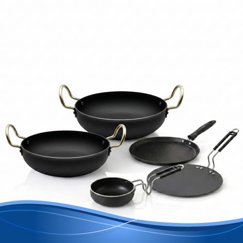 Image of DOZY 5-Piece Iron Non-Stick Cookware Combo Set with Kadhai, Tawa & Tadka Pan Induction Bottom Non-Stick Coated Cookware Set
