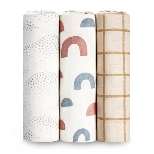 Image of HECCEI 3-Pack Muslin Baby Swaddle Blanket Bamboo Cotton 47 x 47 Inches | Soft Breathable Receiving Blanket Swaddles for Newborn Registry Gift for Baby Showers