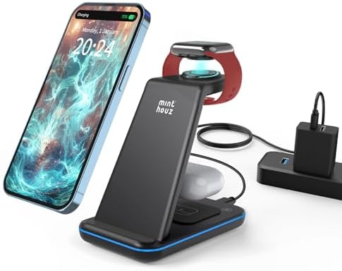Minthouz Wireless Charger, 3 in 1 Fast Wireless Charging Station with 20W Adapter for Multiple Devices Apple Watch, AirPods, Wireless Charger Stand Compatible with iPhone 14/13/12/11 Series