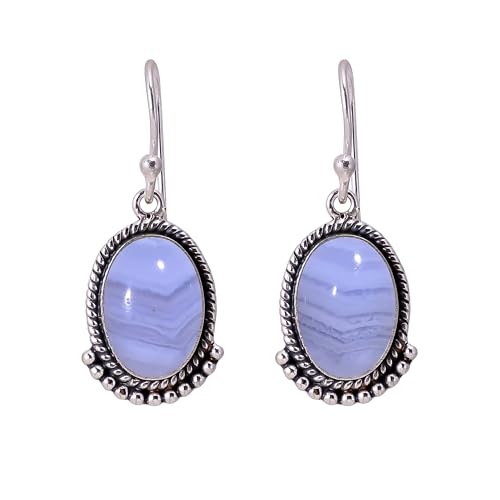 Natural Blue Lace Agate Dangle Earrings for Women