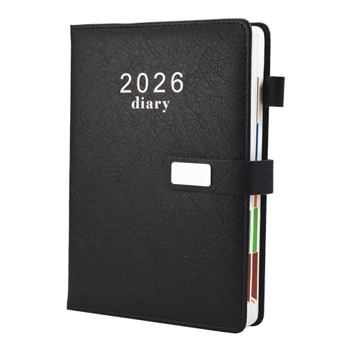Earning Power Diary 2026, Faux Leather Diary 2026 A5 Page A Day,Productivity Daily Planner from Jan 2026 to Dec 2026 With Monthly Tabs, 3 Bookmark and Colorful Side Panels (Black)