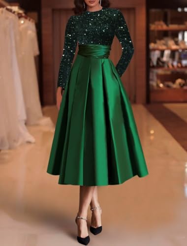 A-Line Sparkle Mother of The Bride Dress Sequin Tea Length Jewel Neck Prom Dress for Women with Long Sleeve - Image 6
