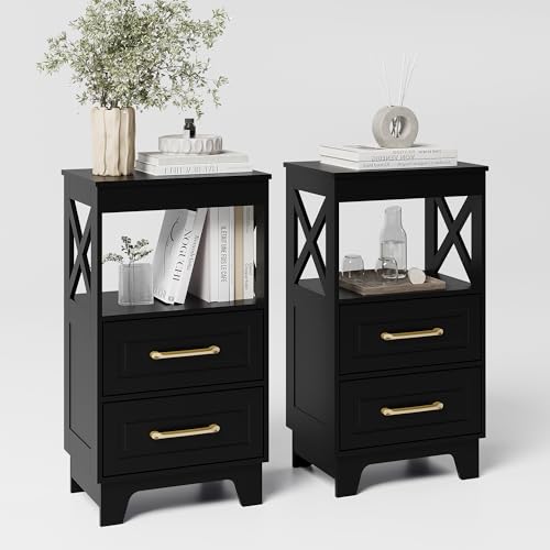 ZYKZYK Tall Nightstand Set of 2 Side Table with 2 Drawers Modern Night Stand Wooden End Table Bedside Table with Upper Open Shelf Solid Feet for Bedroom, Living Room, Black