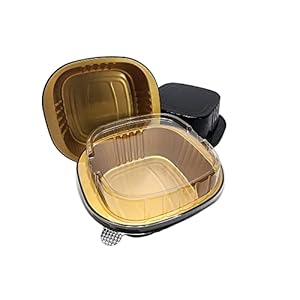 KitchenDance Disposable Heavy Colored Aluminum Foil Nonstick Baking Pan with Lids – 5×5″ Square Cake Pans Perfect for Catering and Events – Oven and Freezer Safe Pan, A69 (Black & Gold, 500)