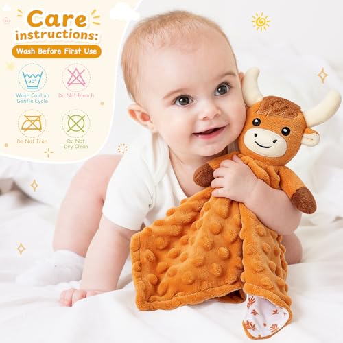 Image of Loveys for Babies,Soft Baby Security Blanket for Newborn Infant Toddler Snuggle Toy Stuffed Animal,Lovey Highland Cow Security Blankets Baby Unisex for Gifts(Highland Cow,12.2in)