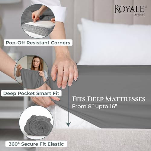 Image of Royale Linen 400 Thread Count Queen Fitted Sheets Only - 100% Cotton Fitted Bed Sheets Queen Size - Luxury Sateen Weave - All Around Elastic Deep Pocket - Durable & Soft -Fit Up To 16 inch (Spanish Slate)