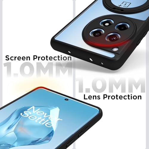 Image of RIGGEAR Shockproof Sleek Hybrid Armor 360 Rotating Magnetic Ring Stand Back Cover Case Compatible with MagSafe Accessories for OnePlus 12R (Clear PC + Black TPU Bumper)