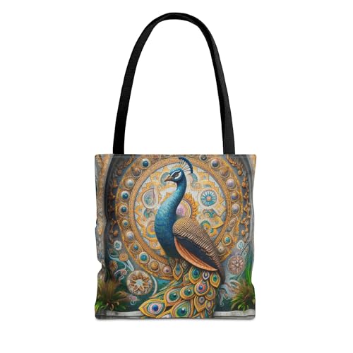 Premium Peacock Mosaic Tile Architecture Tote Bag with Reinforced Stitching