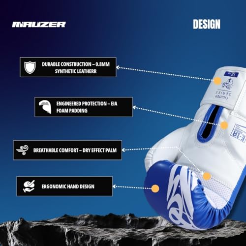 Image of MAUZER Tribal Shadow Fighter Boxing Gloves Training and Sparring Gloves with EIA Foam Padding Ventilated Palm Secure Thumb Lock Fit Velcro Wrist Support (Blue, 14 Oz)