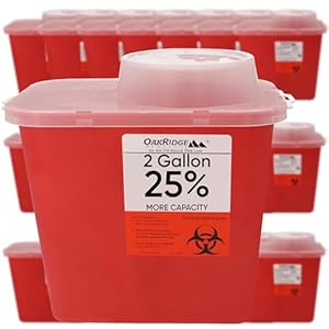 Oakridge Products Large Sharps Container for Home Use and Professional 2 Gallon (20-Pack) with Chimney Top, Biohazard Needle and Syringe Disposal, CDC Certified