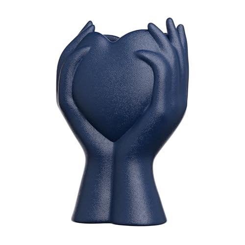 8" Heart Hand Navy Blue Ceramic Vase - Unique Modern Aesthetic Flowers Vase for Living Room Bedroom Office Kitchen Table Centerpiece or Shelf Decor-Gifts for Wedding Bridal Shower Women Mom (Blue)