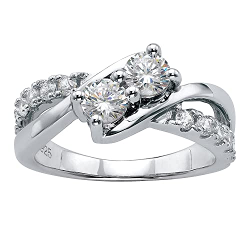 PalmBeach Yellow Gold-Plated or Platinum-Plated Sterling Silver Round Cubic Zirconia 2 Stone Bypass Engagement Ring Size 7