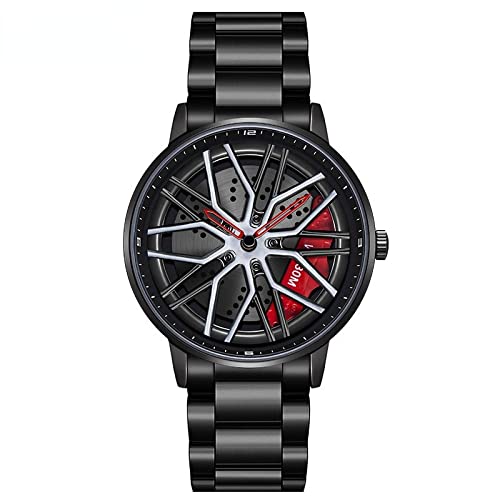 RWXCOW Auto Rad Felgen Nabenuhr - Hohl wasserdicht Sport Uhr für Herren Geschenke Armbanduhren, wasserdichte Edelstahl Armbanduhr, wasserdichte Edelstahl Armbanduhr.Stahlband(roteZeiger)