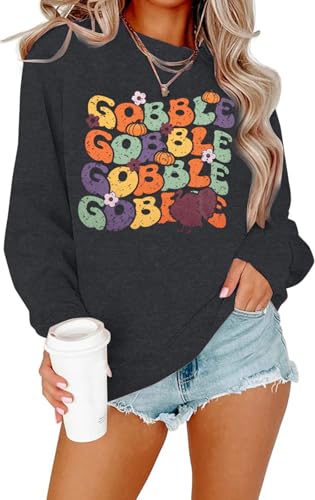 FLOYU Thanksgiving Sweatshirts for Women Gobble Sweatshirt Turkey Pullover Thanksgiving Sweaters Thankful Clothes Dark Grey