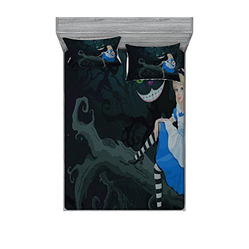 Ambesonne Alice in Wonderland Fitted Sheet & Pillow Sham Set, Alice Sitting on Branch and Chescire Cat in Darkness Cartoon Style, Decorative Printed 6 Piece Bedding Decor Set, Full, Dark Green