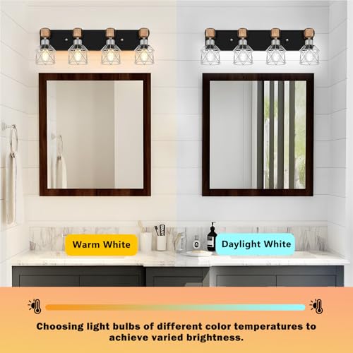 Image of FadimiKoo Farmhouse Vanity Light for Bathroom, 4-Light Rustic Wood Black Bathroom Light Fixtures with Elegant Silver Metal Cage, Vintage Vanity Lights Over Mirror for Living Room Bedroom Hallway