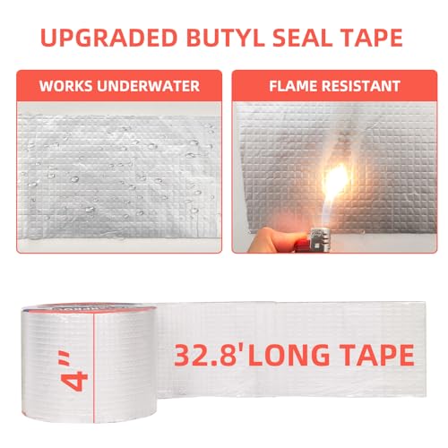 Image of Butyl Tape 4in x 32.8ft Aluminum Waterproof Tape for Leaks Upgraded Water Proof Tape For RV Repair, HVAC Ducts Leak Fix, Boat and Pipe Sealing, Roof Crack Patching, Awning and Window Sealing