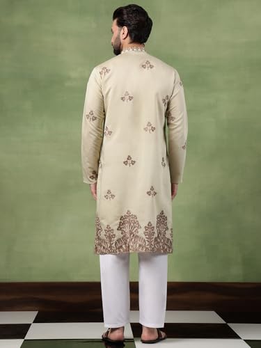Image of SOJANYA (Since 1958 Men's Cotton Contrast Coffee Thread Embroidered Long Kurta