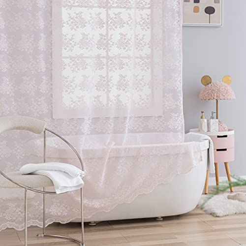 Tudeco Pink Lace Shower Curtain For Bathroom- Shabby Chic Shower Curtain With Attach Valance, Semi Sheer Vintage Farmhouse Floral Bathroom Curtain, Scalloped Edge Reinforced Holes Top 72 X 72 Inch #TOP4